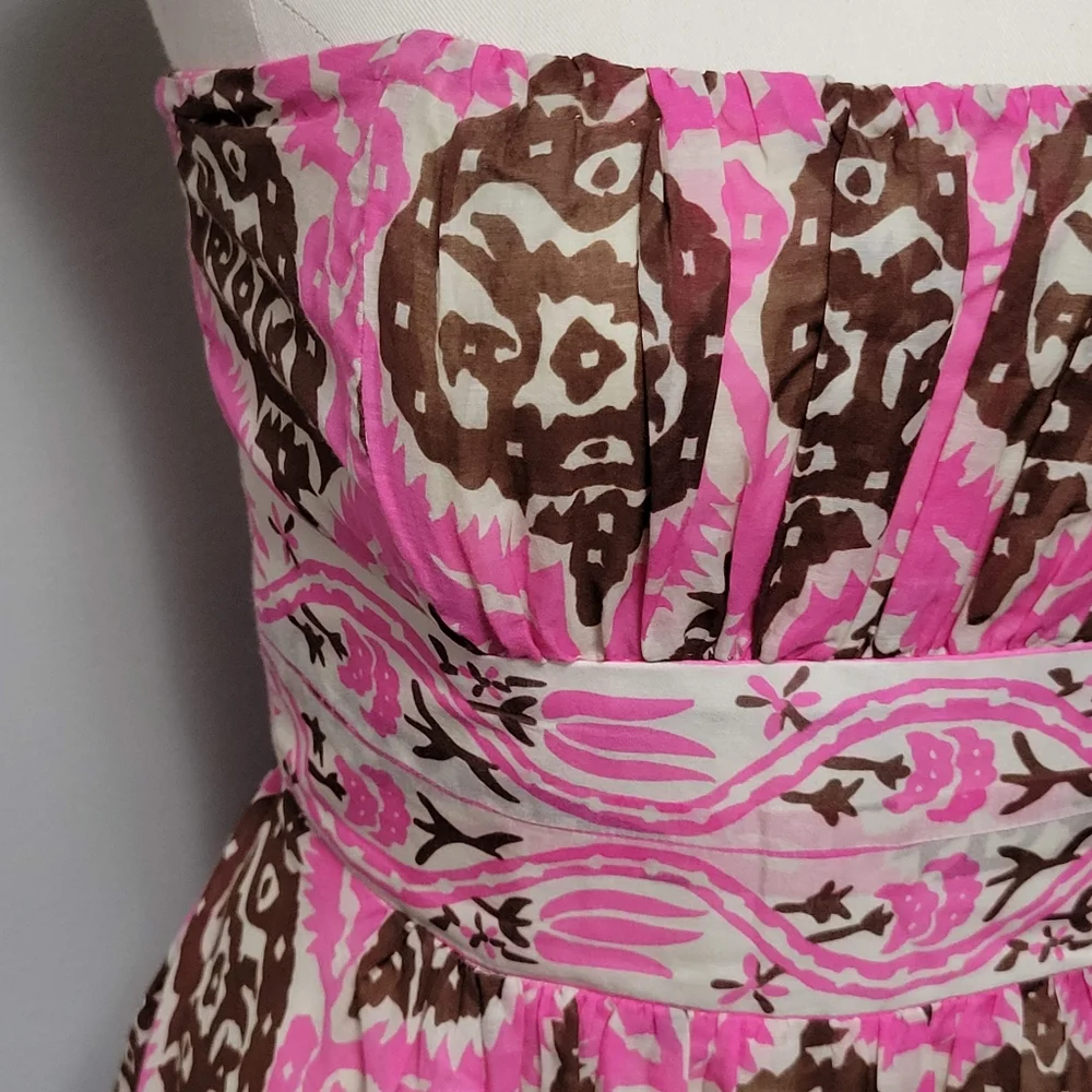 Anthro Plenty by Tracy Reese pink brown geo strapless silk blend dress size 6 - Picture 2 of 8